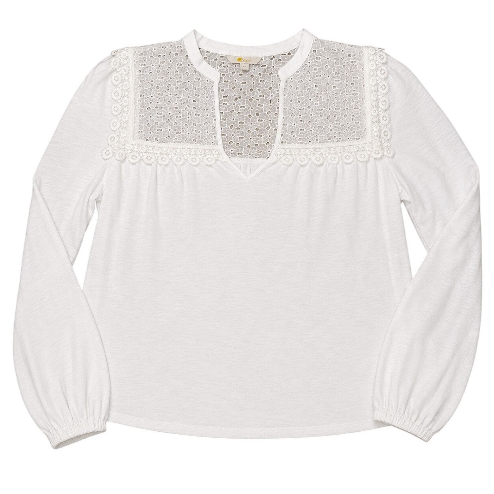 Boden Blouse 14 White Eyelet Lace Yoke Long Sleeve Slub Jersey Top